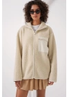 55446 Fermuarlı Oversize Peluş Ceket Mont - Krem