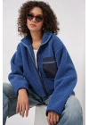 55446 Fermuarlı Oversize Peluş Ceket - Saks