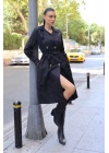 5853 Kruvaze Yaka Trençkot - Siyah