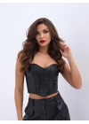 6672 DERİ CROP-SİYAH