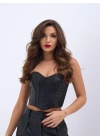 6672 DERİ CROP-SİYAH