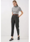 6686 Pileli Kemerli Kumaş Pantolon - Füme