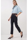 6686 Pileli Kemerli Kumaş Pantolon - Lacivert