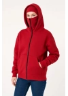 bysoca Kadın Balaklavalı Kapüşonlu Fermuarlı Kanguru Cepli Uzun Kollu Sweatshirt - Kırmızı