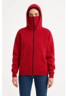 bysoca Kadın Balaklavalı Kapüşonlu Fermuarlı Kanguru Cepli Uzun Kollu Sweatshirt - Kırmızı