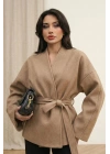 Kadın Bej Kuşaklı Şal Yaka Oversize Düşük Omuz Kısa Kaşe Kaban Ceket