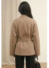 Kadın Bej Kuşaklı Şal Yaka Oversize Düşük Omuz Kısa Kaşe Kaban Ceket