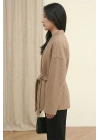 Kadın Bej Kuşaklı Şal Yaka Oversize Düşük Omuz Kısa Kaşe Kaban Ceket