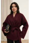 Kadın Bordo Kuşaklı Şal Yaka Oversize Düşük Omuz Kısa Kaşe Kaban Ceket
