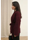 Kadın Bordo Kuşaklı Şal Yaka Oversize Düşük Omuz Kısa Kaşe Kaban Ceket