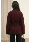 Kadın Bordo Kuşaklı Şal Yaka Oversize Düşük Omuz Kısa Kaşe Kaban Ceket