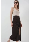 8033 Sandy Yırtmaçlı Etek - Kahverengi