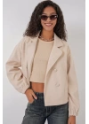 9117 Kruvaze Yaka Crop Ceket - Bej