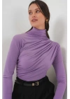 925 Büzgü Detaylı Sandy Bluz - Lila