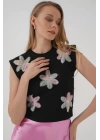930 Kısa Kol Desenli Crop Bluz - Siyah