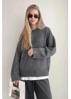 Kadın Antrasit Bisiklet Yaka Uzun Kollu Oversize Yumuşak Dokulu Triko Kazak