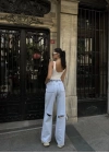 Arkadan Yırtmaçlı Jeans Kot Palazzo Pantolon - Mavi