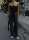 Arkadan Yırtmaçlı Jeans Kot Palazzo Pantolon - Siyah