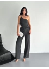 Asimetrik Crop Pantalon Ikili Takım - Füme