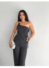 Asimetrik Crop Pantalon Ikili Takım - Füme