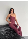 Asimetrik Crop Pantalon Ikili Takım - Gül Kurusu