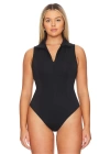 bysoca Kadın Siyah Balıkçı Yaka Fermuarlı Sıfır Kol Vücudu Saran Basic Bodysuit