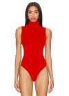 bysoca Kadın Kırmızı Balıkçı Yaka Fermuarlı Sıfır Kol Vücudu Saran Basic Bodysuit