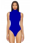 bysoca Kadın Mavi Balıkçı Yaka Fermuarlı Sıfır Kol Vücudu Saran Basic Bodysuit