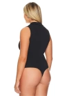 bysoca Kadın Siyah Balıkçı Yaka Fermuarlı Sıfır Kol Vücudu Saran Basic Bodysuit
