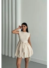 BALON ETEKLİ TASARIM KISA ELBİSE - Bej