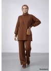 Kadın Kahverengi Balon Kol Yarım Balıkçı Yaka Tunik Bol Paça Pantolon 2li Triko Tesettür Takım