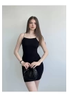 bysoca Kadın Siyah İp Askılı Vücudu Saran Basic Mini Kısa Bodycon Elbise