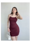 bysoca Kadın Bordo İp Askılı Vücudu Saran Basic Mini Kısa Bodycon Elbise