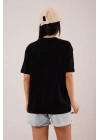 Kadın Siyah Oversize Kısa Kollu Yuvarlak Yaka Organik Pamuk Basic Tişört