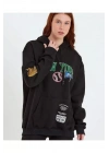 Baskılı Kapüşonlu Sweatshirt - Siyah