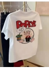 Baskılı Oversize Bisiklet Yaka T-shirt - Beyaz