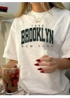 Baskılı Oversize Bisiklet Yaka T-shirt - Beyaz