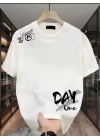 Baskılı Oversize Bisiklet Yaka T-shirt - Beyaz