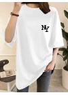 Baskılı Oversize Bisiklet Yaka T-shirt - Beyaz