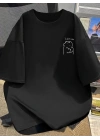 Baskılı Oversize Bisiklet Yaka T-shirt - Siyah