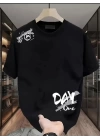 Baskılı Oversize Bisiklet Yaka T-shirt - Siyah