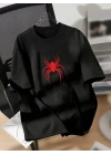 Baskılı Oversize Bisiklet Yaka T-shirt - Siyah