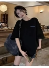 Baskılı Oversize Bisiklet Yaka T-shirt - Siyah