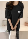 Baskılı Oversize Bisiklet Yaka T-shirt - Siyah