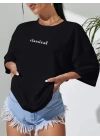Baskılı Oversize Bisiklet Yaka T-shirt - Siyah