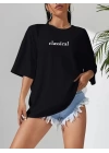Baskılı Oversize Bisiklet Yaka T-shirt - Siyah