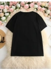 Baskılı Oversize Bisiklet Yaka T-shirt - Siyah