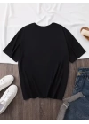 Baskılı Oversize Bisiklet Yaka T-shirt - Siyah