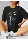 Baskılı Oversize T-shirt - Siyah