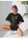 Baskılı Oversize T-shirt - Siyah